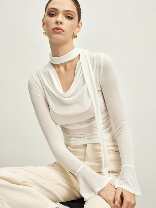 Ruffle Sheer Draped Jersey T-Shirt sold by COMMENSE