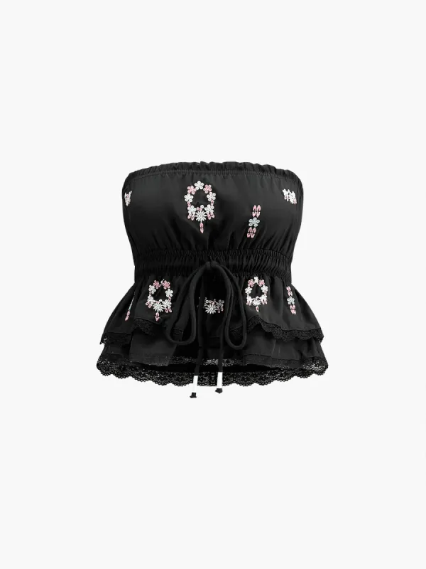 Knotted Embroidery Decor Peplum Tube Top sold by COMMENSE