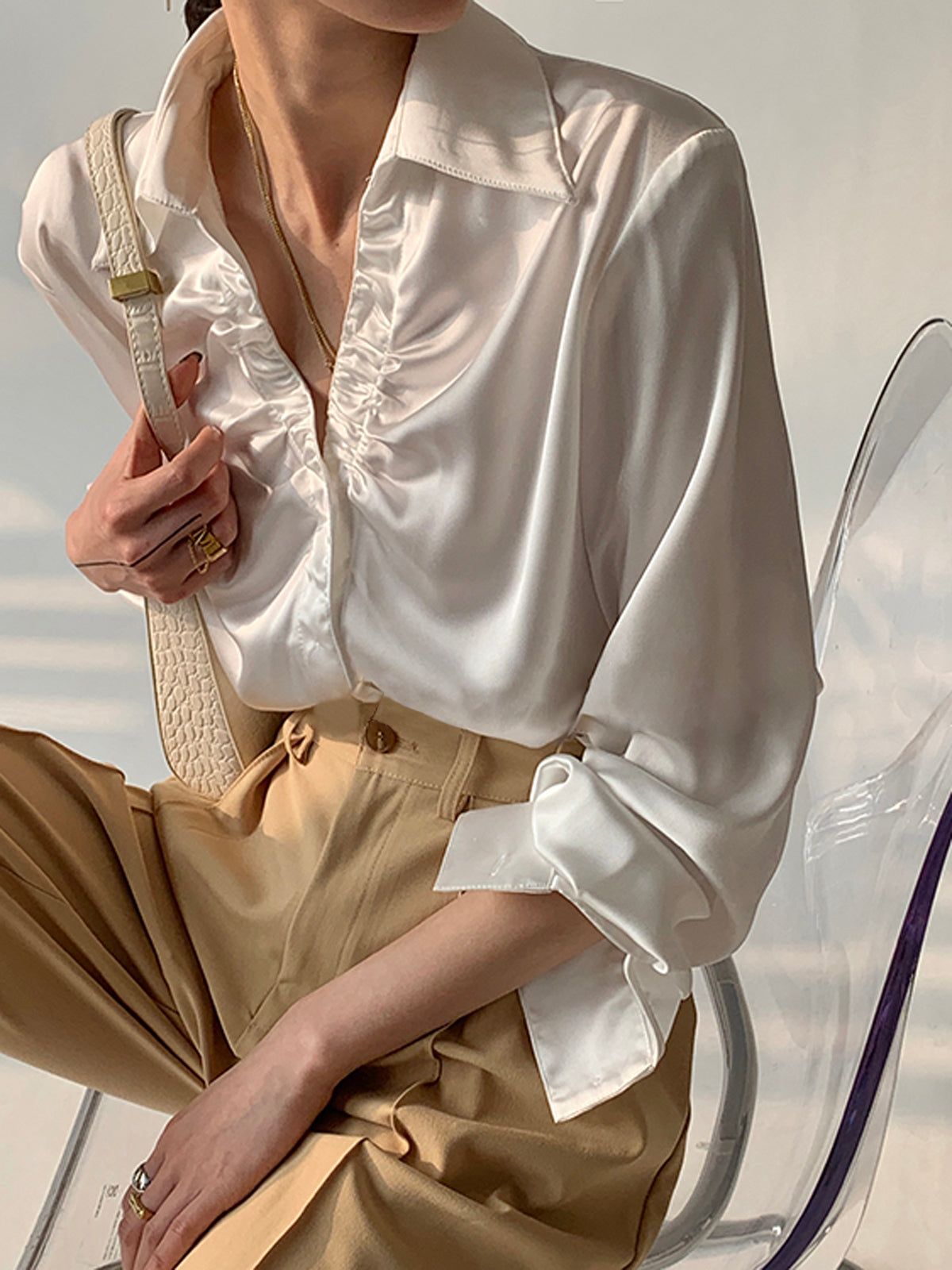 Oversized Button Up Ruched Trim Satin Shirt sold by COMMENSE product image thumbnail 7