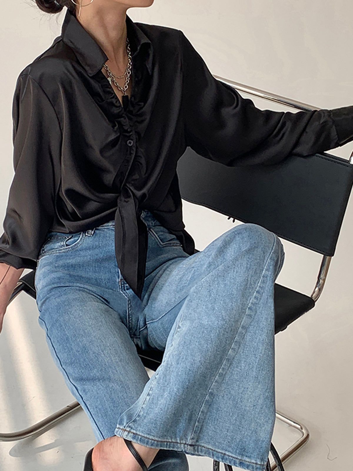 Oversized Button Up Ruched Trim Satin Shirt sold by COMMENSE product image thumbnail 4