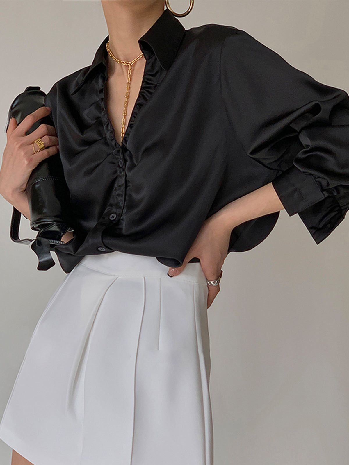 Oversized Button Up Ruched Trim Satin Shirt sold by COMMENSE