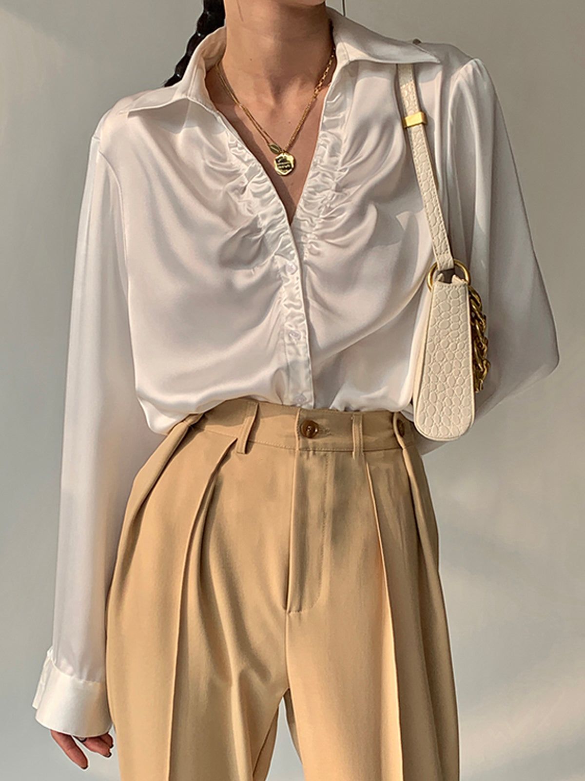 Oversized Button Up Ruched Trim Satin Shirt sold by COMMENSE product image thumbnail 8