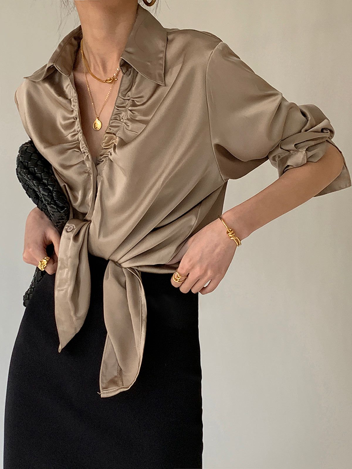 Oversized Button Up Ruched Trim Satin Shirt sold by COMMENSE product image thumbnail 5