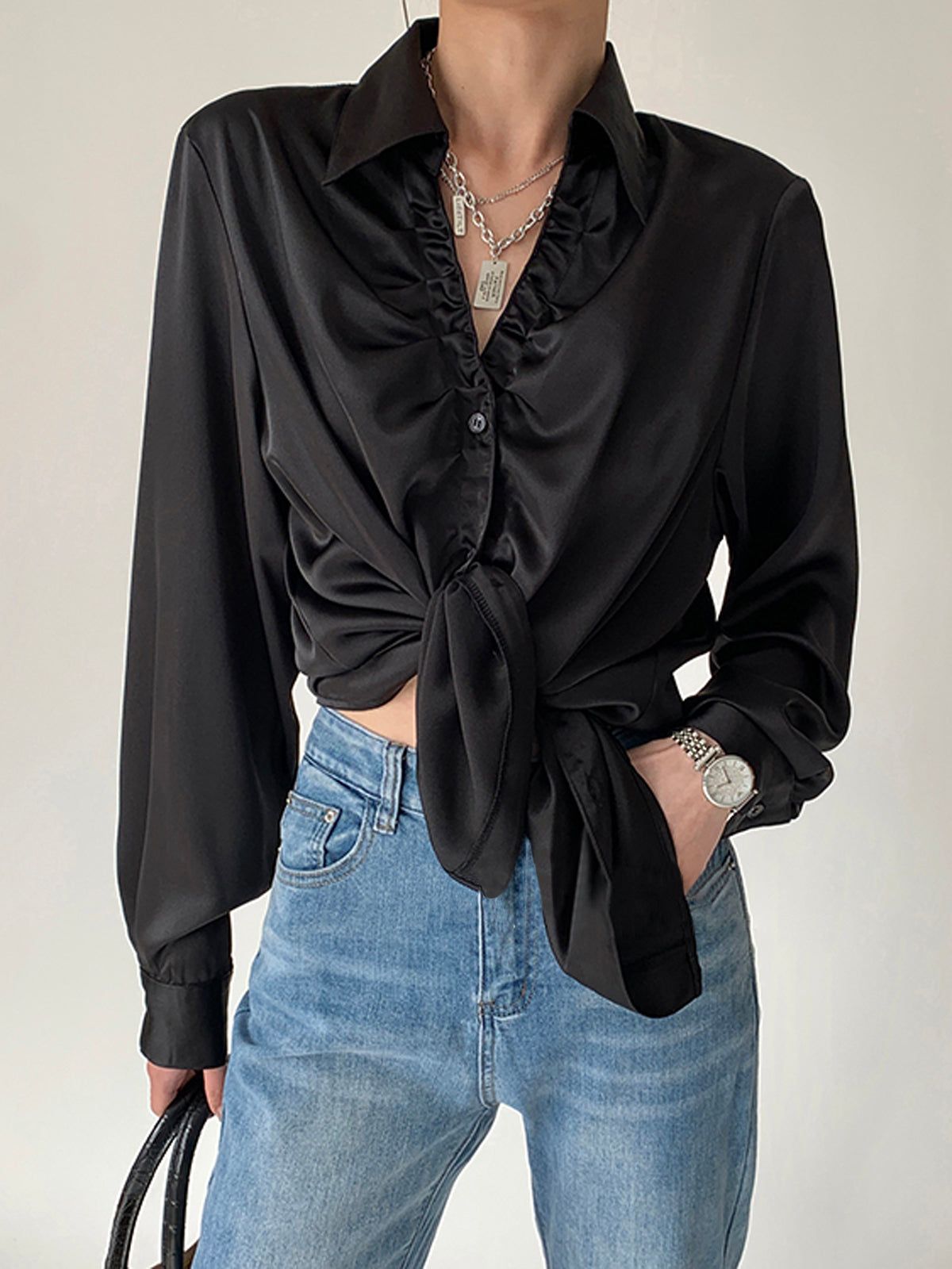 Oversized Button Up Ruched Trim Satin Shirt sold by COMMENSE product image thumbnail 2