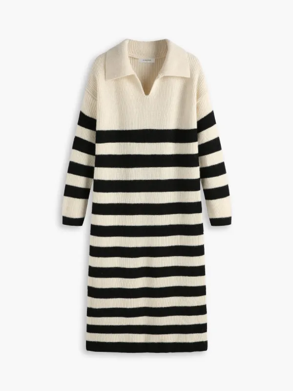 Open Collar Stripe Long Sleeve Midi Sweater Dress sold by COMMENSE