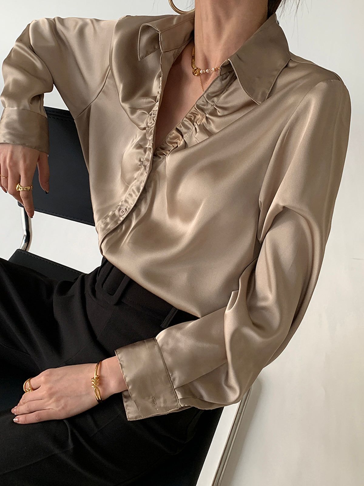 Oversized Button Up Ruched Trim Satin Shirt sold by COMMENSE product image thumbnail 6