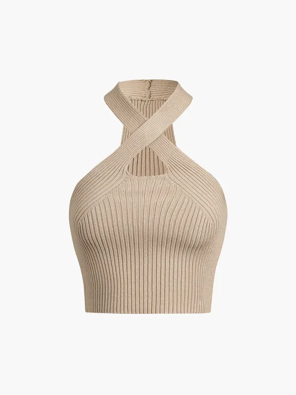Halter Cutout Rib Crop Top sold by COMMENSE