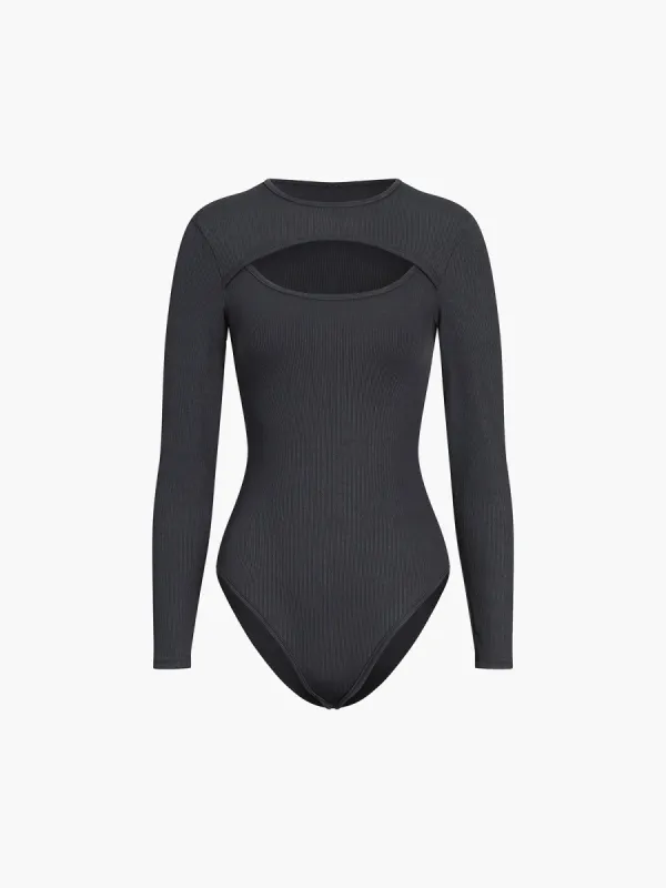 Rib Cutout Long Sleeve Bodysuit sold by COMMENSE