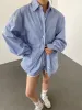 Stripe Textured Long Sleeve Shorts Set sold by COMMENSE