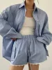 Stripe Textured Long Sleeve Shorts Set sold by COMMENSE