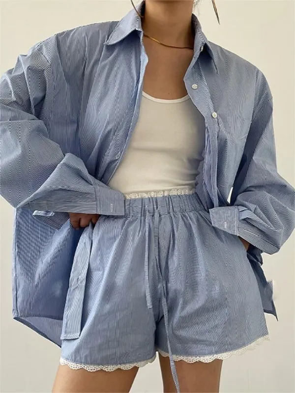 Stripe Textured Long Sleeve Shorts Set sold by COMMENSE