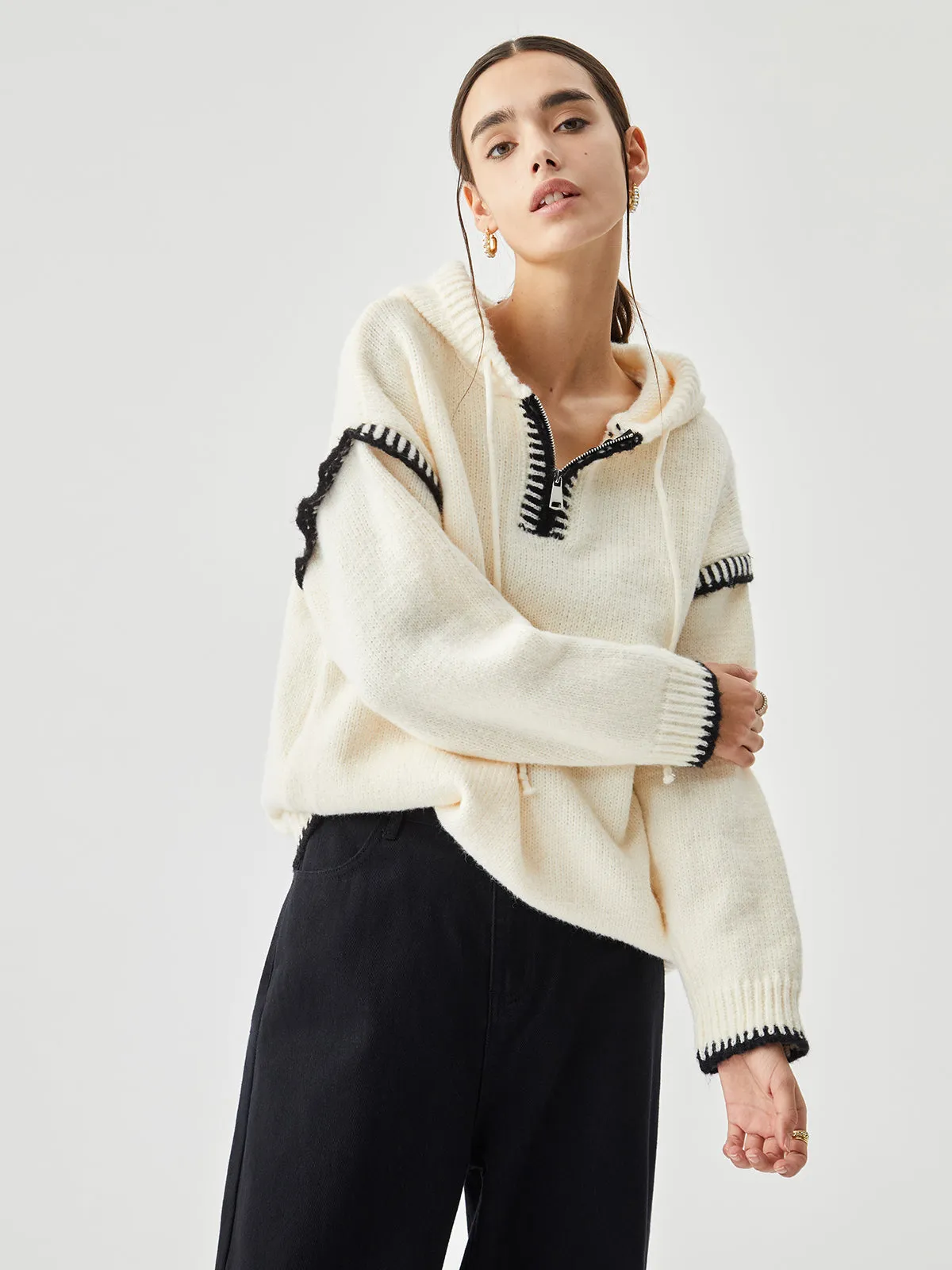 Zippered Hooded Contrast Trim Sweater sold by COMMENSE product image thumbnail 5