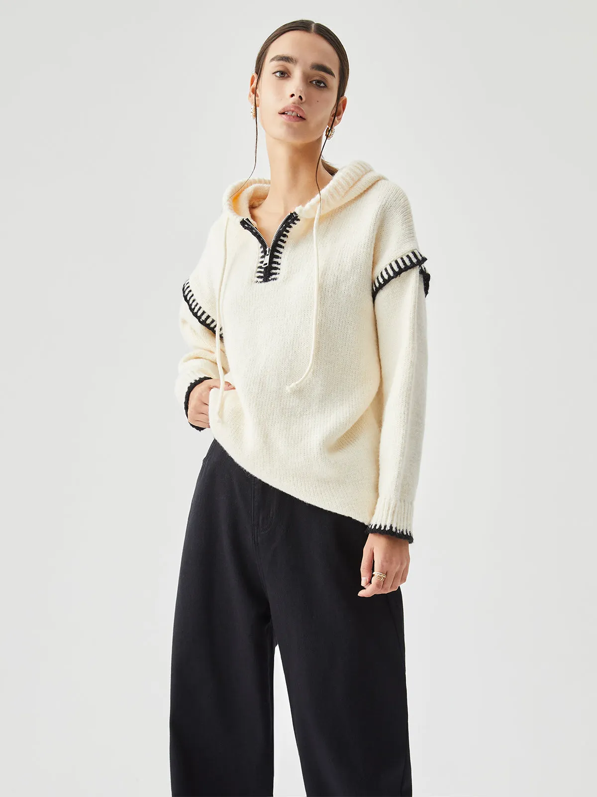 Zippered Hooded Contrast Trim Sweater sold by COMMENSE product image thumbnail 2