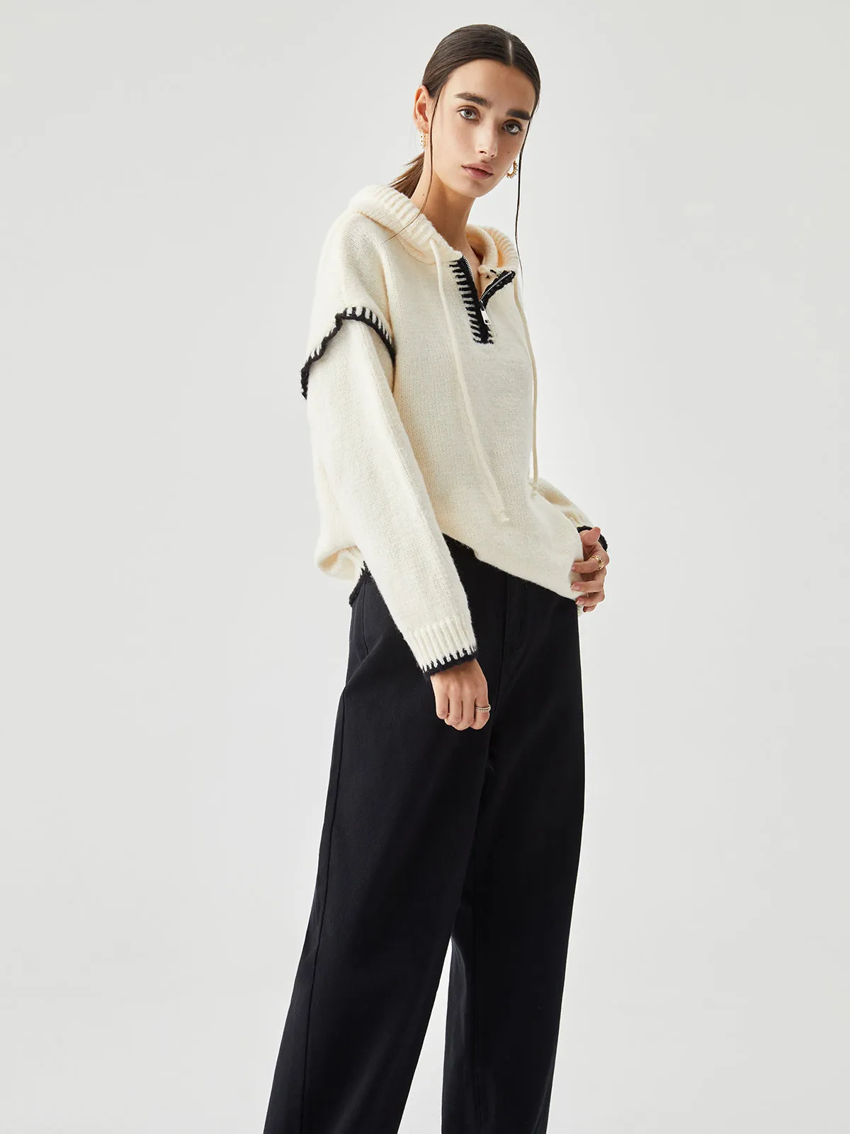 Zippered Hooded Contrast Trim Sweater sold by COMMENSE product image thumbnail 3