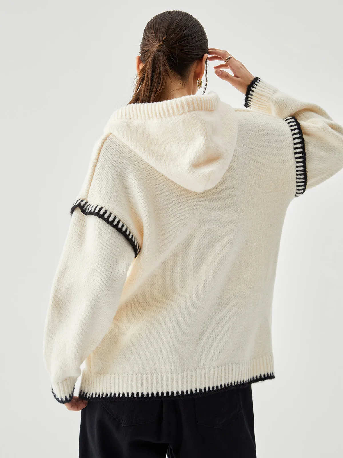 Zippered Hooded Contrast Trim Sweater sold by COMMENSE product image thumbnail 4