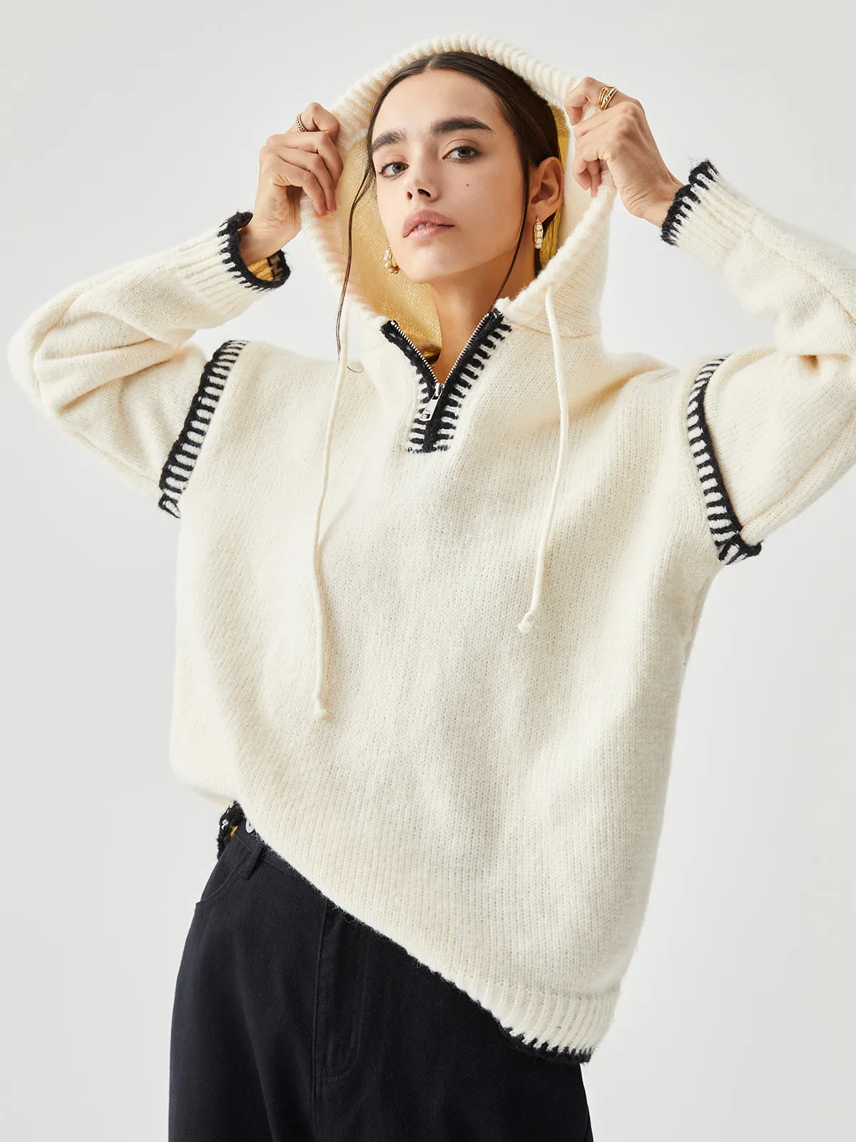 Zippered Hooded Contrast Trim Sweater sold by COMMENSE