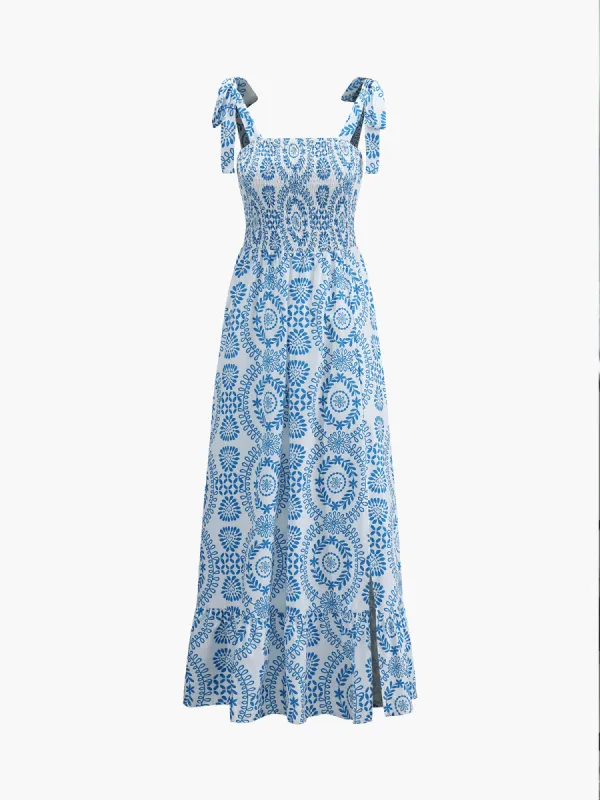 Leaf Print Shirred Split Midi Dress sold by COMMENSE