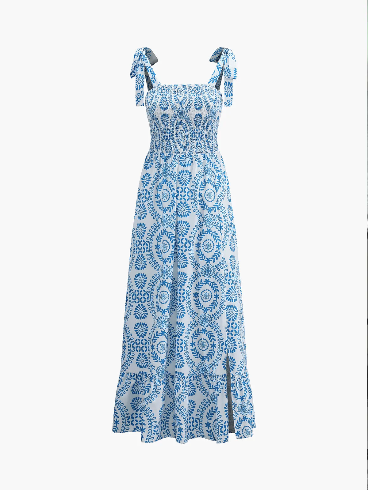 Leaf Print Shirred Split Midi Dress sold by COMMENSE