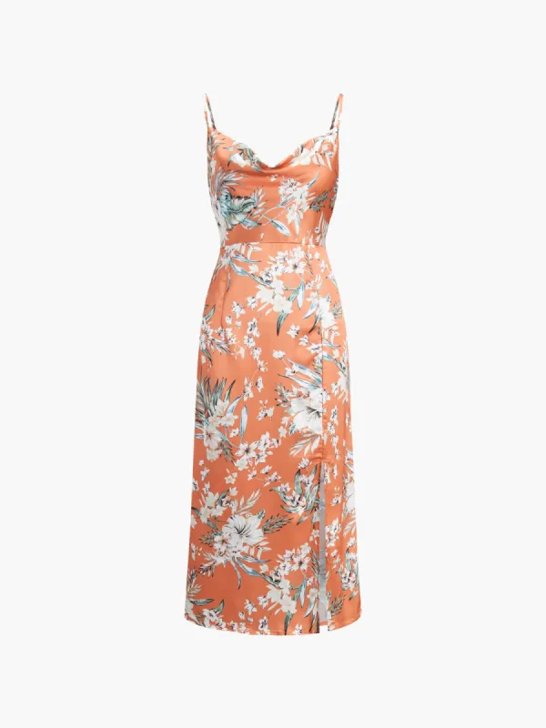 Tropical Floral Tied Open Back Satin Midi Dress made by COMMENSE