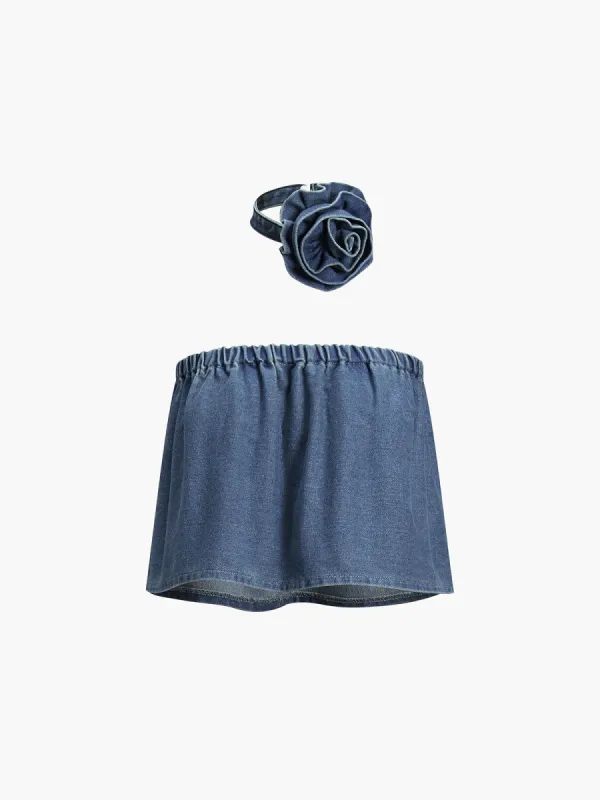 Rosette Denim Crop Tube Top sold by COMMENSE