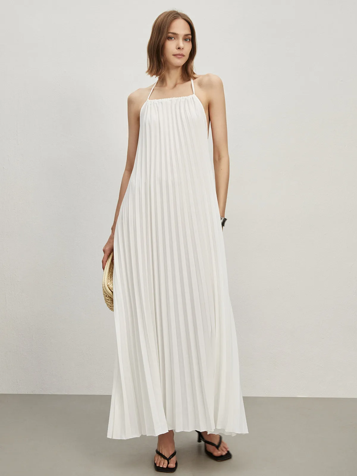 Tie-Back Open Back Pleated Long Dress sold by COMMENSE product image thumbnail 2