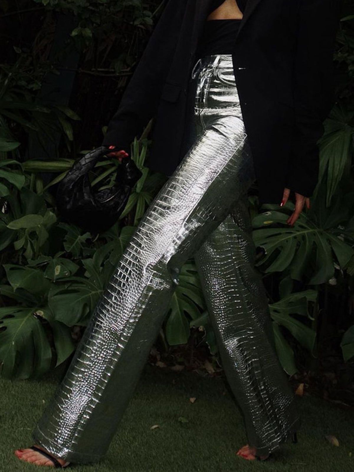 Faux Leather Metallic Textured Straight Leg Pants sold by COMMENSE