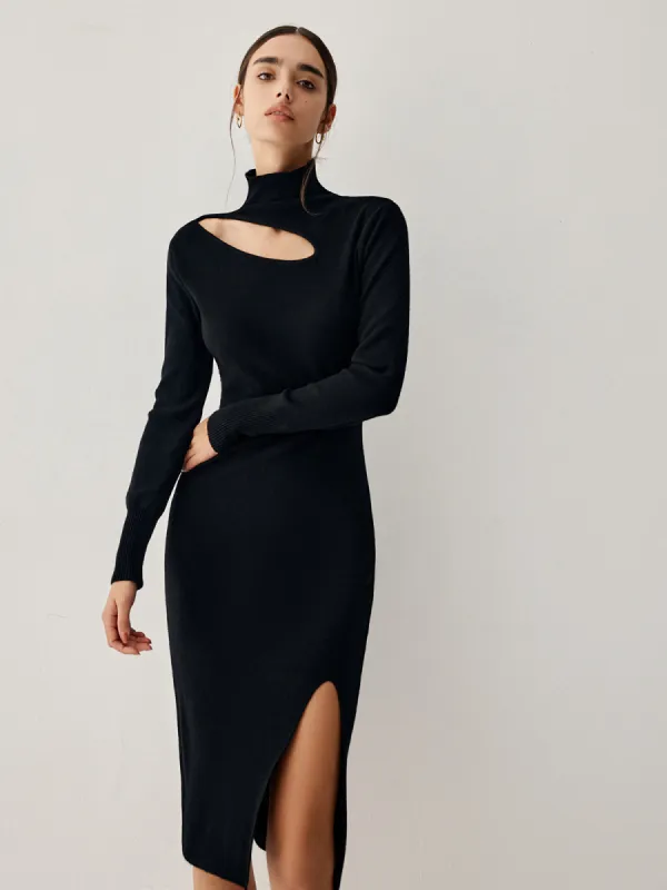 Mock Neck Cutout Long Sleeve Midi Sweater Dress sold by COMMENSE