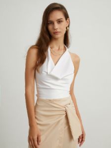 Cowl Neck Back Tied Satin Crop Top sold by COMMENSE