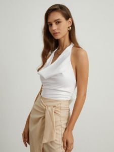 Cowl Neck Back Tied Satin Crop Top sold by COMMENSE