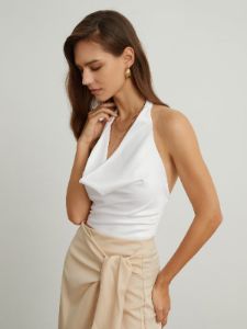 Cowl Neck Back Tied Satin Crop Top sold by COMMENSE