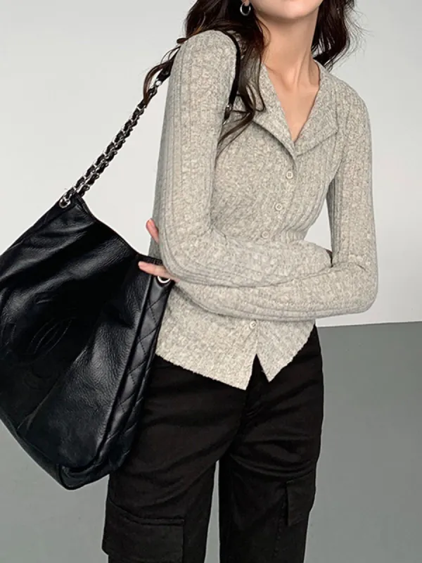 Collar Button Down Long Sleeve Knit Slinky Shirt sold by COMMENSE