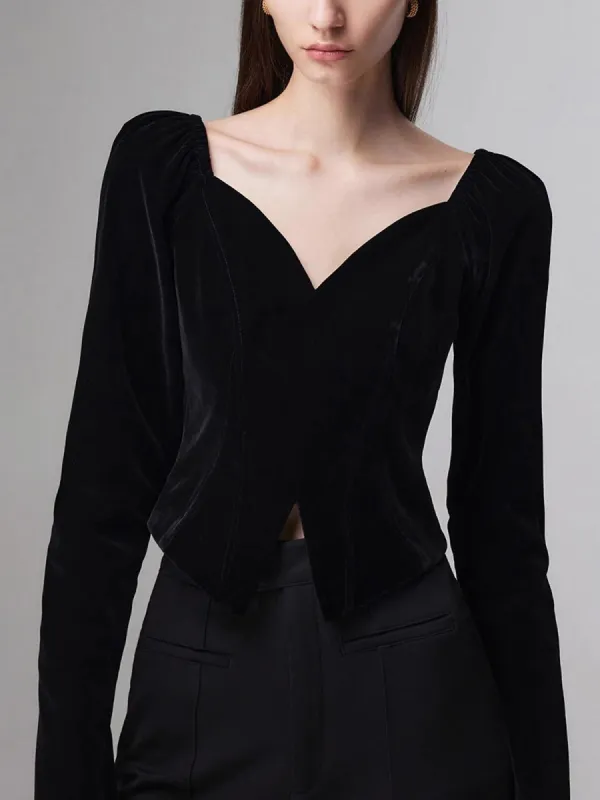 Sweetheart Velvet Long Sleeve Slit Blouse sold by COMMENSE