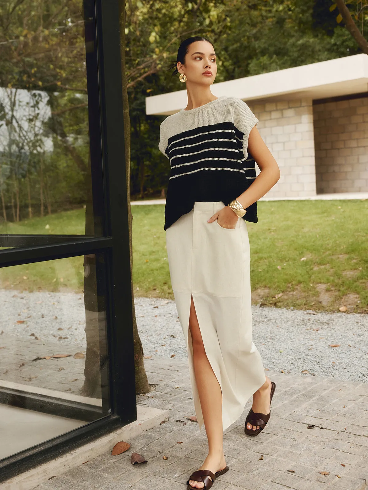 Cotton & Linen Pockets Split Maxi Skirt sold by COMMENSE product image thumbnail 2
