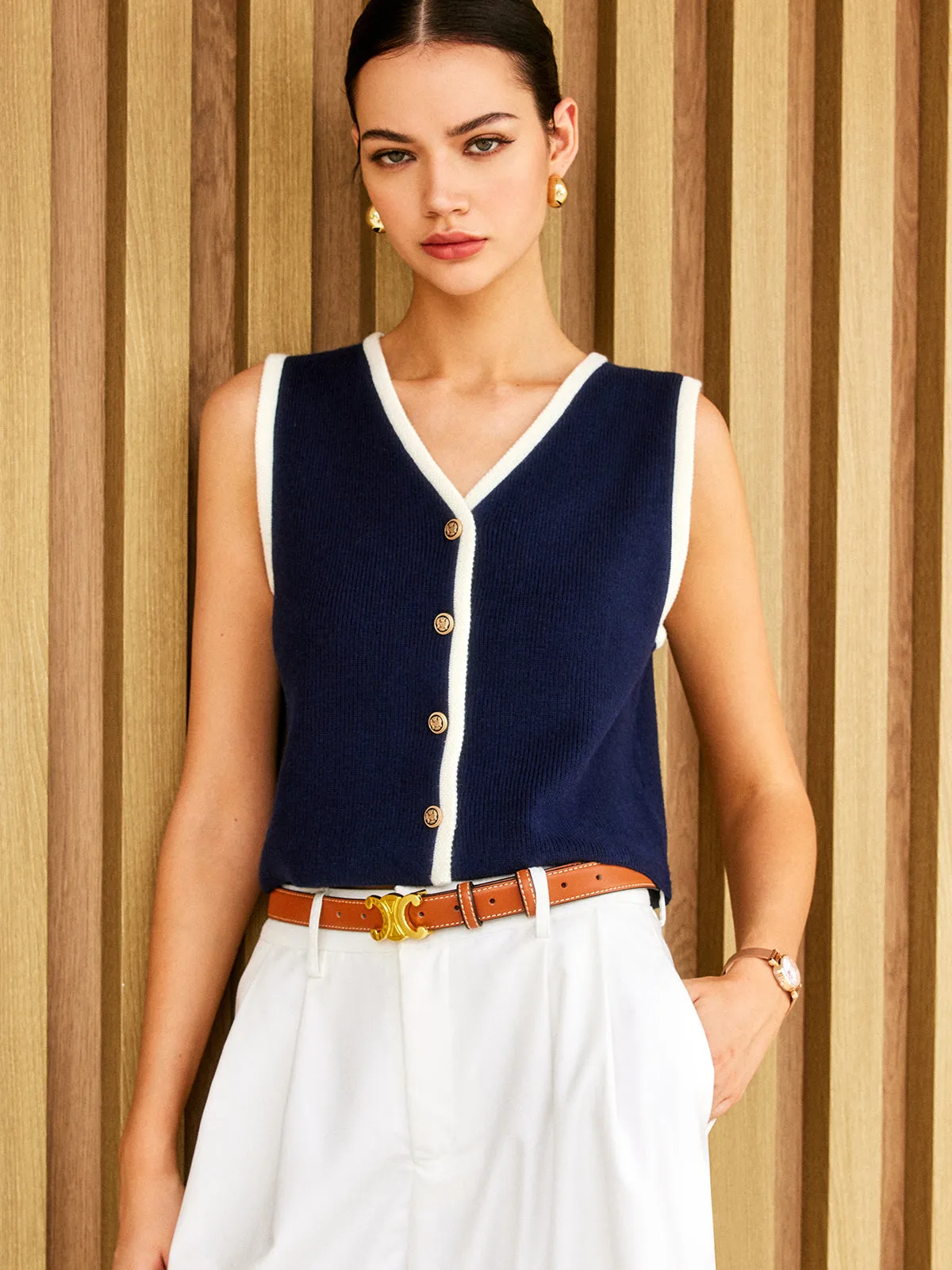 Contrast Binding Golden Button Sweater Vest sold by COMMENSE