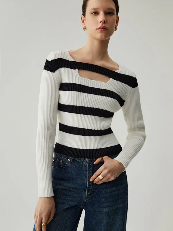 Knit Rib Stripe Cut Out Long Sleeve Sweater sold by COMMENSE
