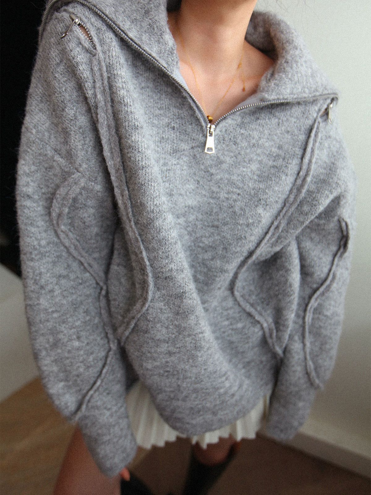 Cutout Cold Shoulder Zippered Collar Piping Sweater sold by COMMENSE product image thumbnail 2