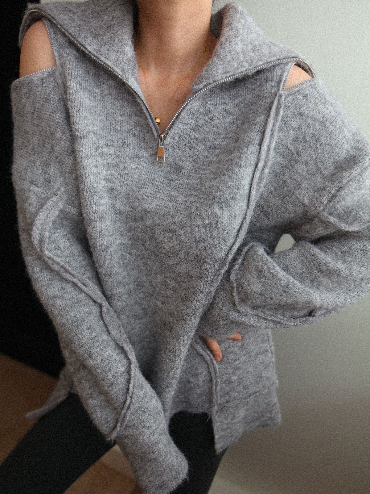 Cutout Cold Shoulder Zippered Collar Piping Sweater sold by COMMENSE product image thumbnail 3