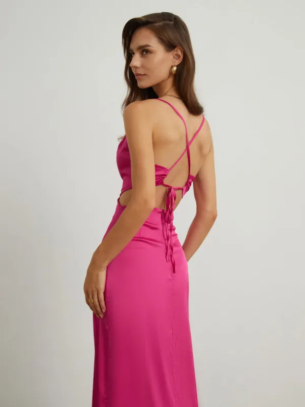 Tied Waist Cutout Satin Midi Dress sold by COMMENSE