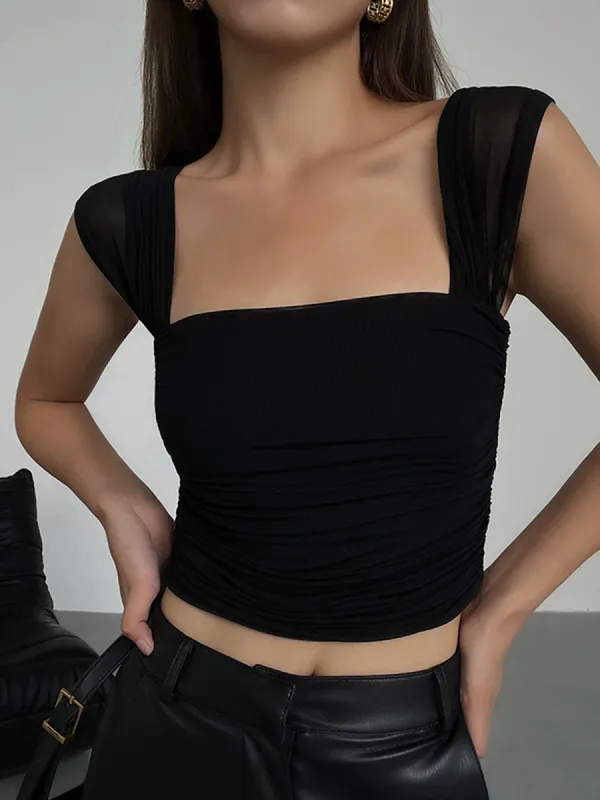 Mesh Ruched Crop Tank Top sold by COMMENSE