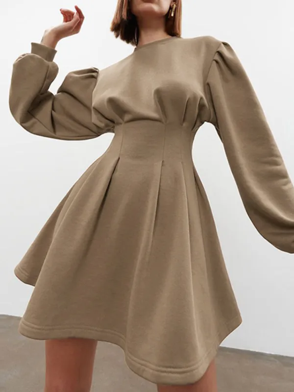 Knit Pleated Long Sleeve Crew Neck Mini Dress sold by COMMENSE