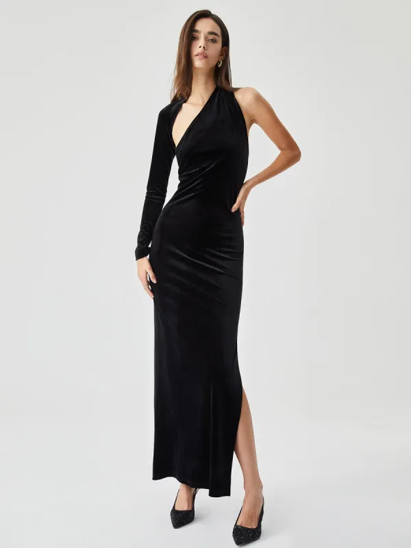 Asymmetric Sleeve Velvet Slit Open Back Long Dress sold by COMMENSE