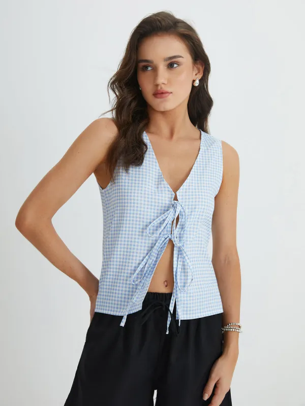 Blue Gingham Tie Front Top sold by COMMENSE