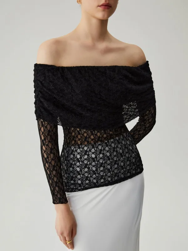 Lace Semi-sheer Off Shoulder Overfold Long Sleeve Top sold by COMMENSE