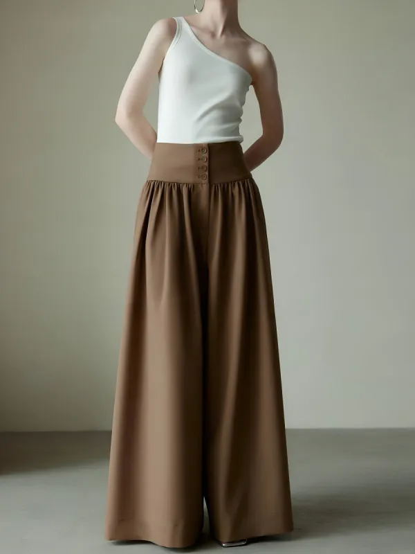 Pleated High-Waist Button Wide Leg Long Pants sold by COMMENSE