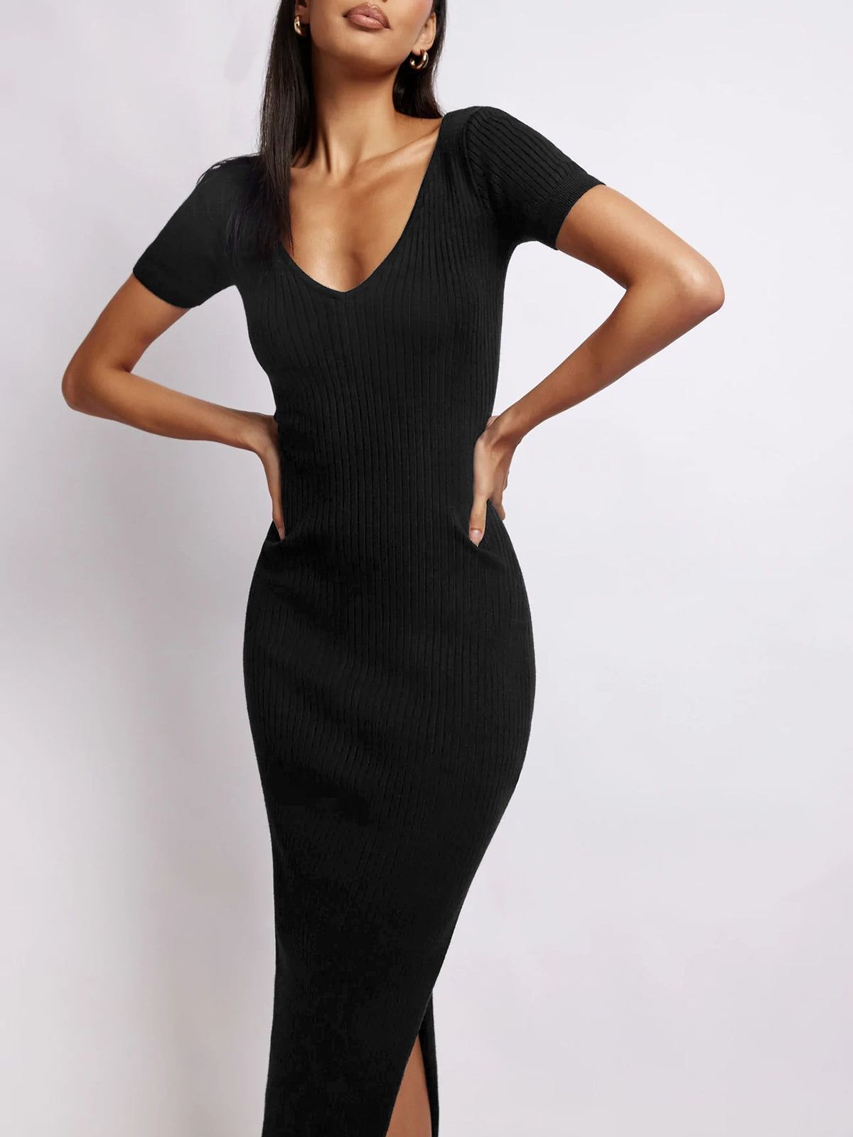Casual Ribbed Short Sleeve Slit Long Dress sold by COMMENSE