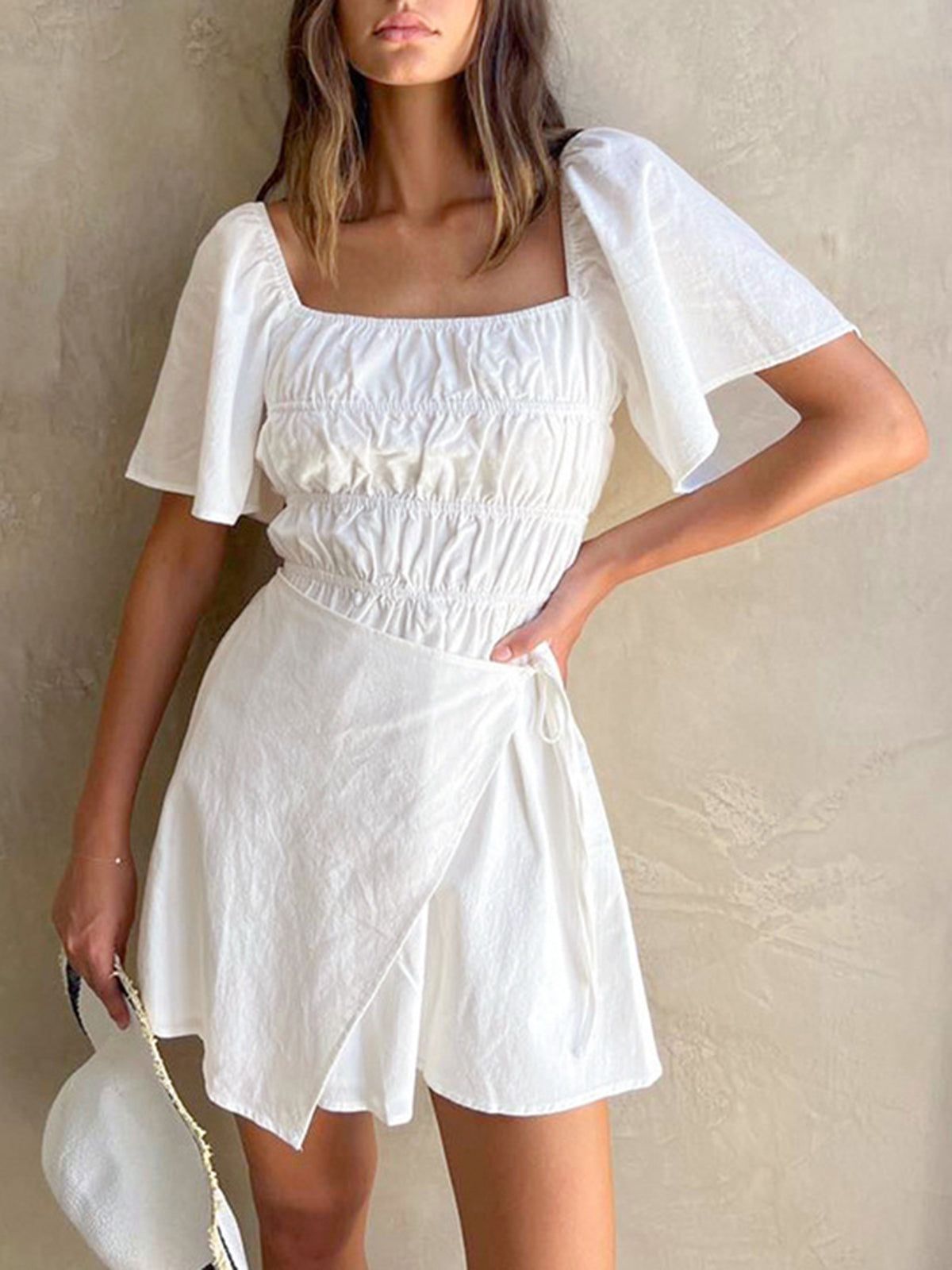 Cotton Puff Sleeve Wrap Short Dress sold by COMMENSE product image thumbnail 3