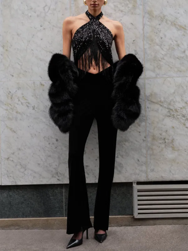 Velvet Sequined Zip Tassel Halter Jumpsuit sold by COMMENSE