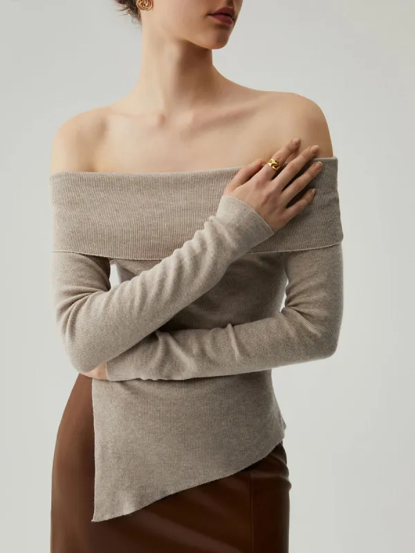 Solid Asymmetric Split Overfold Off Shoulder Long Sleeve Knit Top sold by COMMENSE