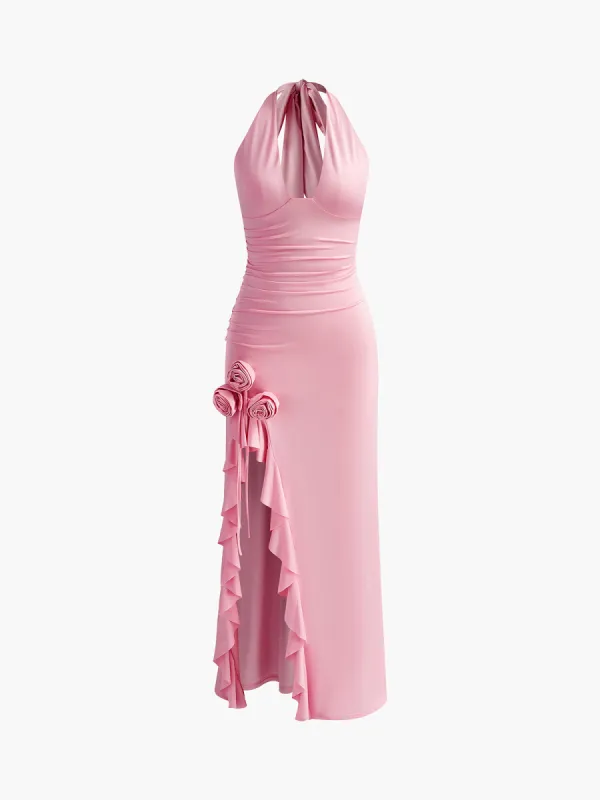 Halter Ruffle Rosette Long Dress sold by COMMENSE