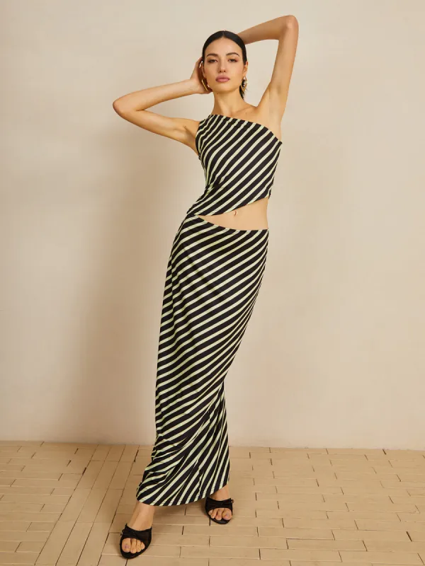 Asymmetrical Striped Skirt Set sold by COMMENSE